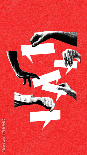 Dynamic collage of hands passing, pointing and exchanging blank speech bubbles. Concept of negotiation, message flow, corporate communication, quick decision cycles and interactive teamwork exchange.