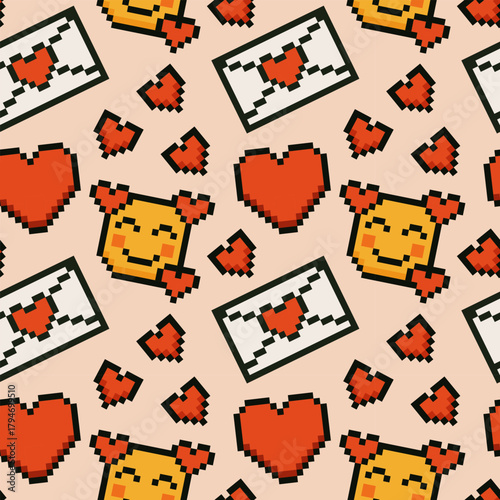 Seamless pixel art love pattern with hearts, emojis and love letters.Perfect for Valentines Day designs, romantic gifts, retro wallpapers and digital backgrounds.