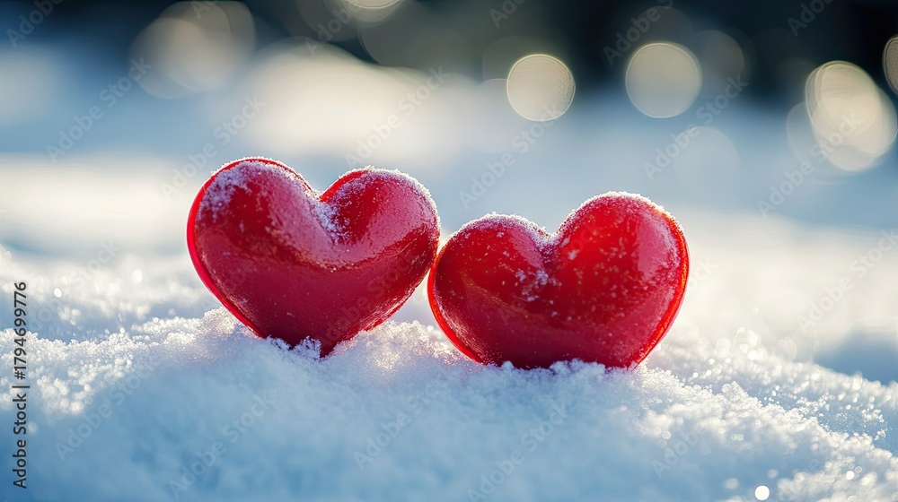 Fototapeta premium Two Bright Red Hearts on a Snowy Surface with Sparkling Background and Winter Wonderland Atmosphere for Love and Valentine's Day Imagery