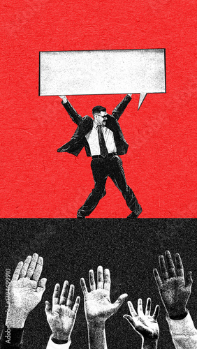 Creative bright poster of businessman holding large speech bubble as crowd raises hands. Concept of leadership messaging, motivation, public engagement and communicative influence.