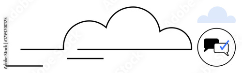 Cloud graphic with streaming lines, speech bubbles, and a check mark inside a circle. Ideal for data transfer, cloud storage, digital communication, collaboration, approval, remote work innovation