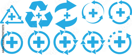 Health recovery icon set. Medical plus sign with refresh symbol. medical care, health services, or a refresh cycle, isolated on transparent  background


