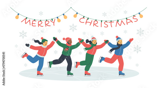 Festive Ice Skating: A group of friends glide across the ice, a joyful spectacle of winter fun under twinkling lights, celebrating the spirit of Christmas.