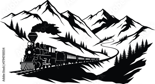 Black silhouette of a steam train traveling through mountains, train, steam train, locomotive, mountain, mountains, landscape, silhouette, black and white, vintage, retro, travel, journey, transportat