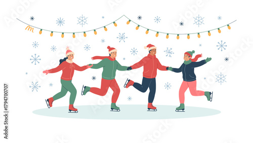 Festive Ice Skating: A group of friends embraces the winter spirit, gliding hand in hand across an ice rink, surrounded by twinkling lights and falling snowflakes.