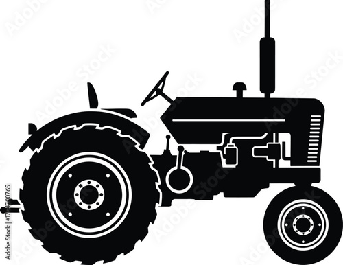 Black silhouette of a vintage tractor on a white background, tractor, vintage tractor, farm equipment, agriculture, vehicle, silhouette, black and white, retro, old, machinery, farming, rural, transpo