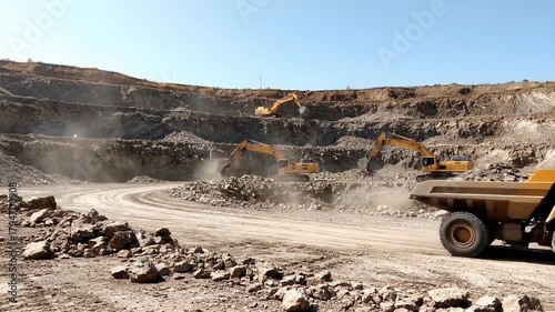 Open-Pit Mining Operation: Excavators and Dump Trucks in Action