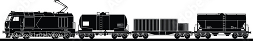 Black silhouette of an electric locomotive and freight cars, train, locomotive, freight car, electric train, cargo, transportation, silhouette, black and white, industrial, railway, transport, engine,