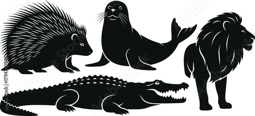 Animal silhouettes, porcupine, seal, crocodile, lion, wildlife icons, black shapes, vector animals, nature symbols, isolated creatures, stock illustration