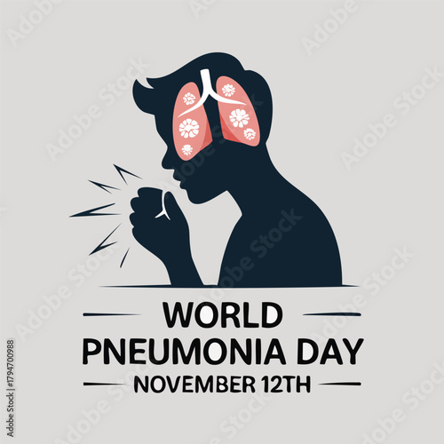 Conceptual vector art for World Pneumonia Day showing a silhouette of a person coughing with an internal view of infected lungs, symbolizing respiratory disease