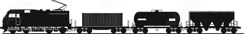 Black silhouette of an electric locomotive pulling freight cars, train, freight train, locomotive, electric train, cargo, transportation, shipping, railway, rail, transport, industry, industrial, blac