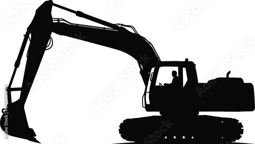 Black silhouette of an excavator with driver digger, excavator, digger, construction equipment, heavy machinery, silhouette, black, white background, driver, operator, cab, boom, arm, bucket, tracks, 