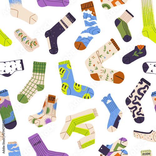 Repeatable pattern of one and pair of socks with different prints. Endless background of various stockings, cotton and woolen hosiery. Stylish winter foot clothes. Flat seamless vector illustration
