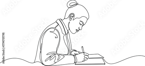 Black and white line art, person writing, desk, notebook, study, concentration, bun hairstyle, jacket, minimal, focused, sketch, drawing, education, 