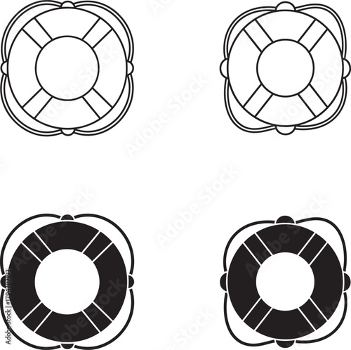 Four stylized life preserver rings in a grid pattern black and white illustration