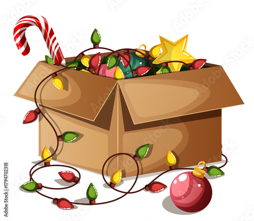 Cardboard Box Filled with Christmas Decorations - Festive Vector Graphic for Storage and Holiday Preparation