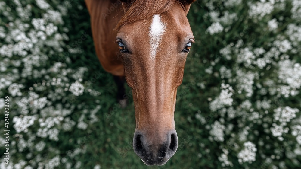 Obraz premium A stunning aerial perspective captures a graceful horse standing amidst a vibrant meadow. Small white flowers create a serene atmosphere, celebrating the beauty of nature and wildlife