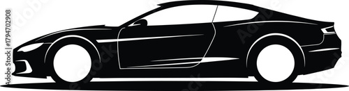 Black sports car silhouette with white accents vehicle, car, vehicle, silhouette, black, white, sports car, coupe, automotive, transport, transportation, modern, sleek, design, graphic, illustration, 