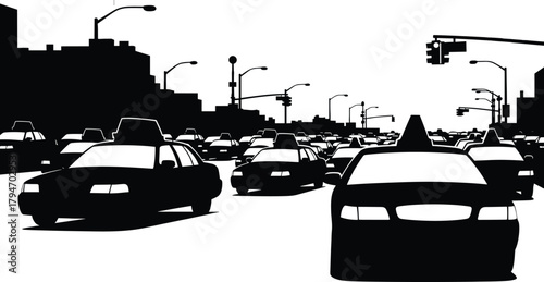Black taxi cabs in traffic with city skyline vector, taxi, cab, car, traffic, city, urban, transportation, street, road, congestion, commute, black and white, silhouette, skyline, buildings, traffic l
