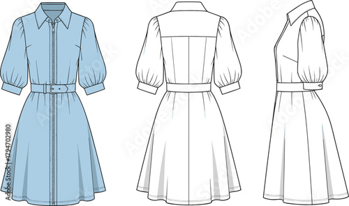 Cad drawing flat vector illustration of women’s belted shirt dress showing detailed front, back, and side technical fashion sketch with puff sleeves