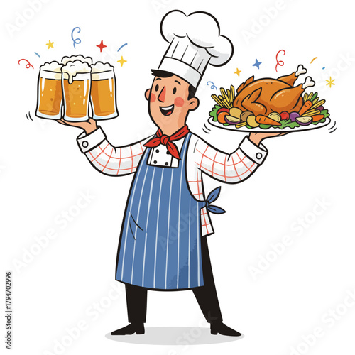 Celebrating chef holding beer and big dish for company. Chef with turkey and drinks. Feast serving master, holiday cook vector illustration. Merry culinary artist