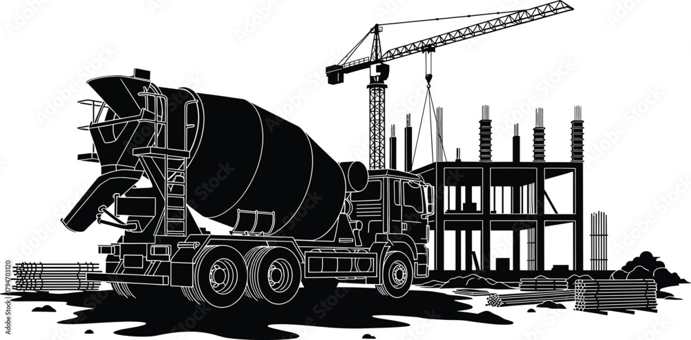 Obraz premium Construction site with concrete mixer truck and crane, construction, building, site, concrete mixer truck, crane, tower crane, building under construction, rebar, steel bars, concrete pillars, constru