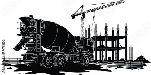 Construction site with concrete mixer truck and crane, construction, building, site, concrete mixer truck, crane, tower crane, building under construction, rebar, steel bars, concrete pillars, constru