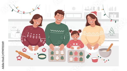 Family Holiday Baking: A cheerful family gathering in a warm kitchen, preparing festive cookies for Christmas, illuminated by joyful lights and the sweet scent of holiday cheer.