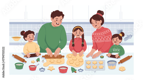 Photos Joyful Baking Moments: A loving family creates cherished memories together, preparing and decorating delicious cookies in their cozy kitchen, embracing the spirit of togetherness and warmth