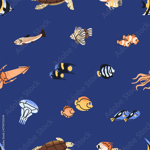 Repeatable pattern of different sea fish swimming underwater. Endless background of undersea animals: angelfish, turtle, lionfish, squid, jellyfish. Ocean life. Flat seamless vector illustration