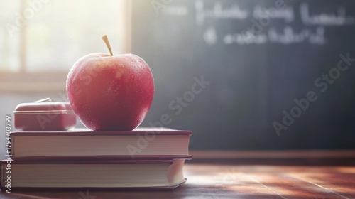 Red apple on stacked books in sunlit classroom with chalkboard