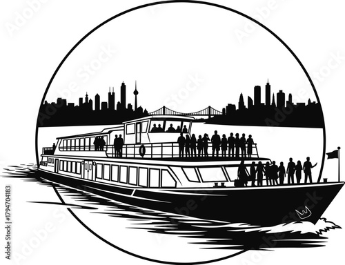 Silhouette of passenger boat with city skyline and bridge, boat, ship, ferry, passenger, people, silhouette, black and white, monochrome, city, skyline, urban, buildings, skyscrapers, bridge, water, w