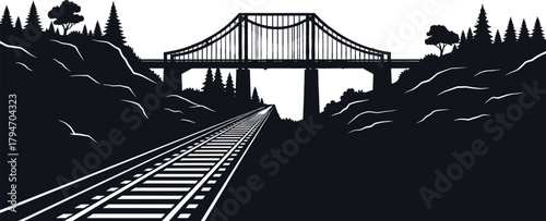 Silhouette of railway tracks leading to a bridge over a forest, railway, train track, bridge, forest, trees, nature, landscape, silhouette, black and white, industrial, transportation, journey, travel