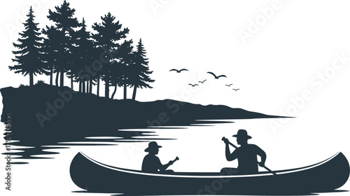Two people in a canoe on a lake with pine trees and birds, canoe, kayaking, paddling, lake, water, pine trees, forest, nature, outdoors, recreation, silhouette, birds, flying, landscape, summer, trave