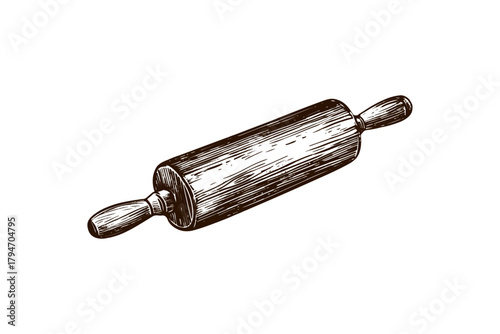 Rolling pin as kitchen tool with wooden handle. Bakery equipment and cooking utensils. Dough preparation for food and pasta.