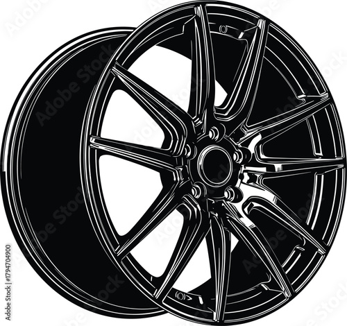 Black alloy car wheel with multiple spokes alloy wheel, car wheel, alloy wheel, rim, automotive, vehicle part, black and white, graphic, illustration, spoke design, custom wheel, tire, transportation,
