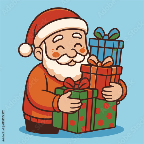Santa Claus with Gifts, Flate Vector Logo Illustration