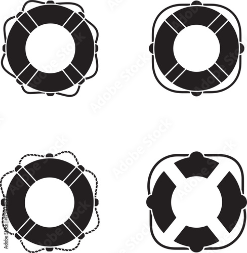 Four black and white illustrations of different life buoy designs on white background