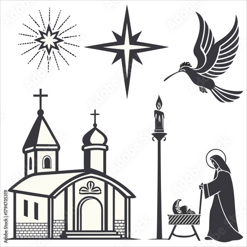 Black Religious Christmas Icon Set | Flat Line Vector of Angel, Star, Cross, and Nativity for Faith-Based Holiday Design