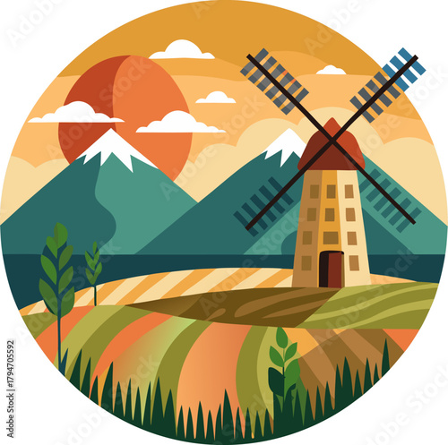 Rural windmill at hilltop, wheat field below, mountain range in background, sunrise view  , white background