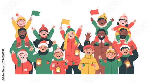 Festive Winter Gathering: A group of diverse people revels in the winter spirit, bundled in warm attire, children perched on shoulders waving flags.
