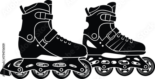 Black and white illustration of two inline skates roller skates, inline skates, roller skates, rollerblades, black and white, illustration, graphic, sport, recreation, footwear, wheels, laces, buckles