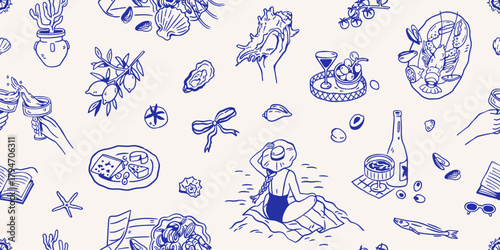 Dolce vita pattern, seamless design in doodle style. Italian summer vacation, endless background. Italy holiday print with food, Mediterranean sea resort sketches. Hand-drawn vector illustration