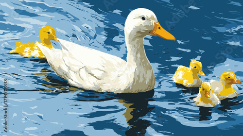 Vector painting illustration of a duck swimming with ducklings