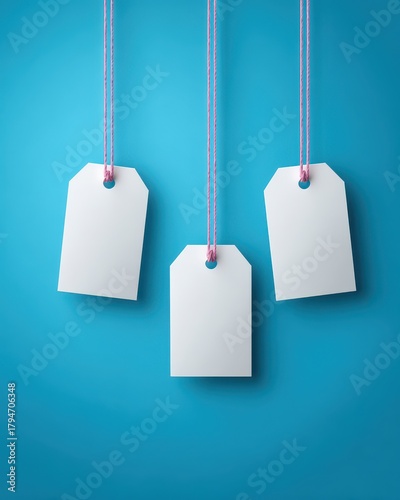 Three Blank White Tags Hanging on Blue Background, Minimalist Design, Clean Presentation.