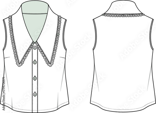 Cad drawing flat vector illustration of women’s sleeveless lace collar blouse featuring detailed front and back technical fashion sketch with button closure