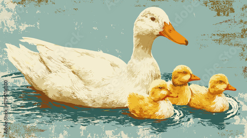 Vector painting illustration of a duck swimming with ducklings