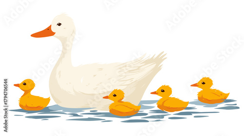 Vector painting illustration of a duck swimming with ducklings