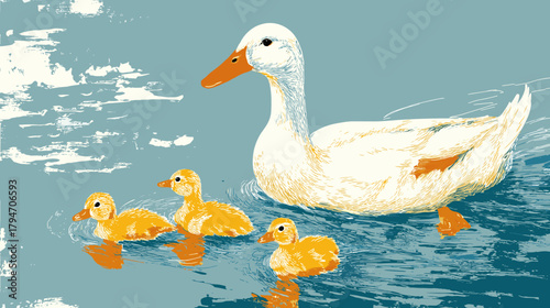 Vector painting illustration of a duck swimming with ducklings