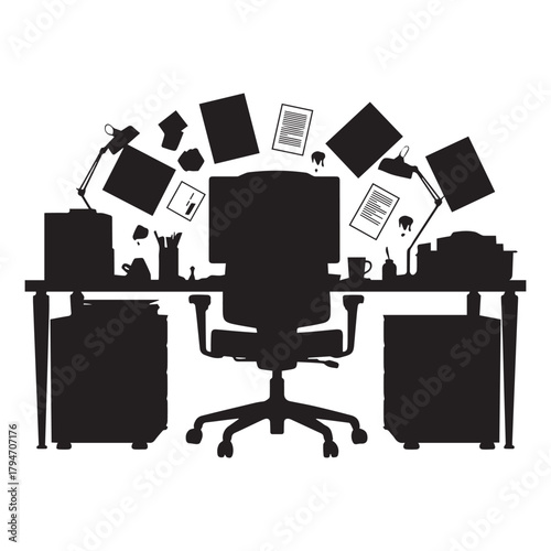 Messy office desk with computer and papers